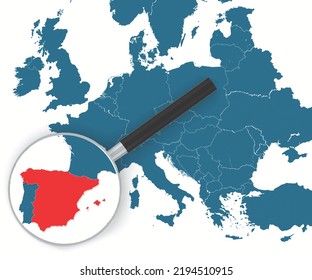 Magnifying glass pointing at Spain map. 3d rendering