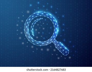 Magnifying Glass Polygonal Symbol With Binary Code Background. Analysis Tool Concept Design Illustration. Loupe Low Poly Symbol With Connected Dots