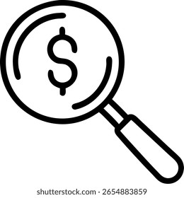 Eine Lupe wird über einem Dollarzeichen positioniert und symbolisiert die Finanzanalyse, Investitionen oder wirtschaftliche Kontrolle. Diese saubere, flache Vektorgrafik ist einzeln auf weißem Hintergrund.