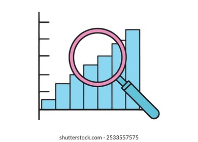 Lupa colocada sobre un gráfico que enfatiza el análisis de datos Ilustración vectorial plana aislada del arte de la línea del doodle sobre fondo blanco.