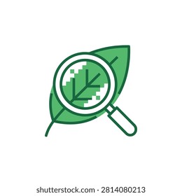 A magnifying glass is positioned over a green leaf, highlighting its intricate details and suggesting scientific study or analysis of plant life.
