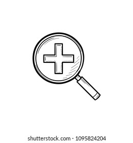 Magnifying Glass With Positive Plus Sign Inside Hand Drawn Outline Doodle Icon. Search And Zoom Concept Vector Sketch Illustration For Print, Web, Mobile And Infographics Isolated On White Background.