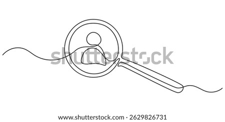 Magnifying glass with profile icon continuous one line drawing. Human Resources Sketchy Doodle Vector Line Icon with Editable Stroke, Continuous one line man in magnifier HR concept, Magnifying glass.