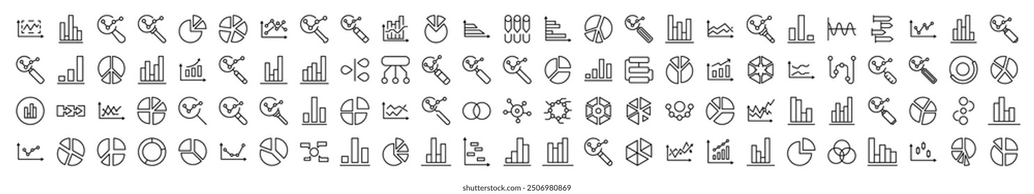 Magnifying Glass, Progress Bar, Pie Chart, Analytics Related Line Icons for Web Sites, Books, Cards, Apps. Editable Stroke. Suitable for Web Sites, Books, Cards, Apps
