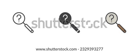 Magnifying glass and question mark different style icon set. Line, glyph and filled outline colorful version, outline and filled vector sign. Symbol, logo illustration. Vector graphics