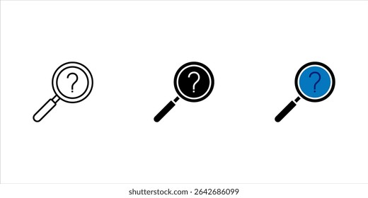 Lupa con diseño de conjunto de iconos de signo de interrogación sobre un fondo blanco