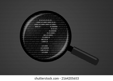 Magnifying glass and question mark silhouette made from white 0 and 1 digits over binary code. Concept of computer programming, digital information environment and cyber security