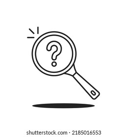lupa con un icono de línea delgada con signo de interrogación. tendencia lineal plana escrutinio lineal moderno o investigación logotipo de diseño de arte de trazo de diseño web aislado en blanco. concepto de inspección o placa de encuesta