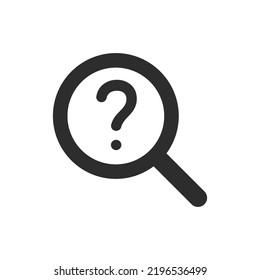 Magnifying glass with a question mark, vector icon. Monochrome black and white symbol