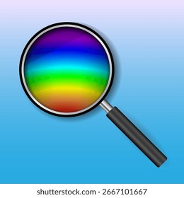 Lupa con degradado de arco iris sobre fondo azul