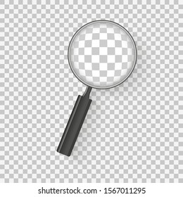 Magnifying glass realistic isolated on checkered background, vector illustration