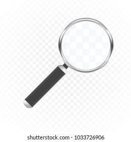 Magnifying glass in realistic style. The magnifier or loupe sign isolated on transparent background. Search and inspection symbol. Vector illustration EPS 10.