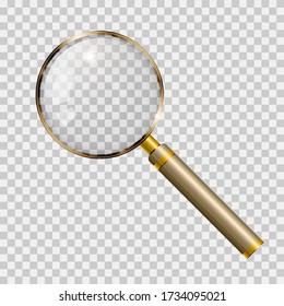 Magnifying glass realistic vector illustration. Golden magnifier isolated on transparent background.