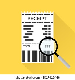 Magnifying glass with a receipt and a shadow. A magnifying glass looks at the receipt. White receipt on a blue background. Flat design, vector illustration, vector.
