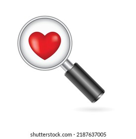 magnifying glass with red heart icon isolated on white background