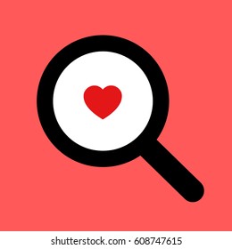 Magnifying glass and red heart as metaphor of searching and finding of love. Seeking for romantic partner and significant other through dating agency 