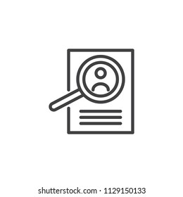 Magnifying glass and resume outline icon. linear style sign for mobile concept and web design. View Resume simple line vector icon. Hiring staff symbol logo illustration. Pixel perfect vector graphics