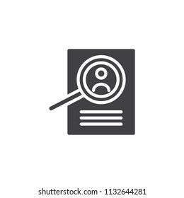Magnifying glass and resume vector icon. filled flat sign for mobile concept and web design. View Resume simple solid icon. Hiring staff symbol, logo illustration. Pixel perfect vector graphics