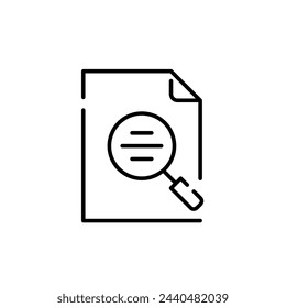 Magnifying glass revealing text lines within a document symbol. Discovery of content within text files. Search tool