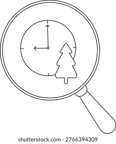 A magnifying glass reveals a clock face and a small Christmas tree icon inside