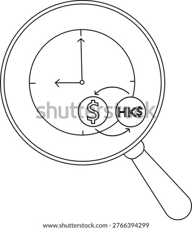 A magnifying glass reveals a clock face focusing on currency exchange between USD and HKD