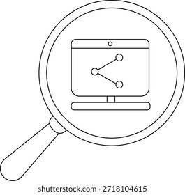 Una lupa revela una computadora con un icono de uso compartido de red en la pantalla