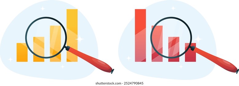magnifying glass with rising and falling graphs, analyzing the state of a market or business