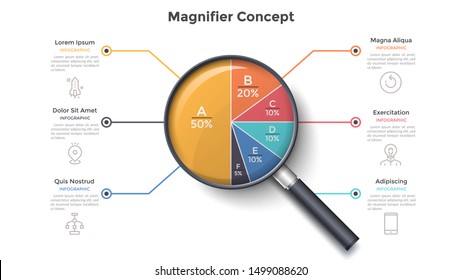 Magnifying glass with round pie chart divided into 6 colorful sectors. Concept of six parts of business project. Modern infographic design template. Vector illustration for statistical report.