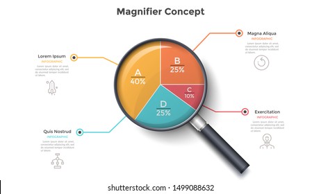 Magnifying glass with round pie chart divided into 4 colorful sectors. Concept of four parts of business project. Modern infographic design template. Vector illustration for statistical report.