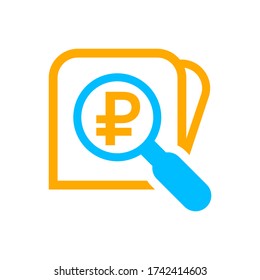 magnifying glass with ruble currency money search icon, russia ruble coin with magnifying glass for button app, research icon blue on orange wallet, ruble money in search symbol isolated on white