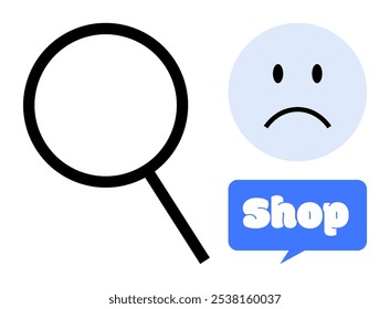 Lupa, cara triste y símbolo de la tienda. Ideal para comercio electrónico, dificultades de compra, experiencia de usuario, insatisfacción del Cliente, análisis de ventas. Vector minimalista y moderno