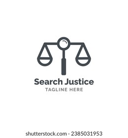 Magnifying glass and scales of justice logo concept. Search Justice logo design