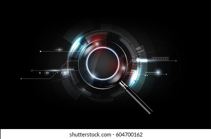 magnifying glass with scan search concept and futuristic electronic technology background, transparent vector