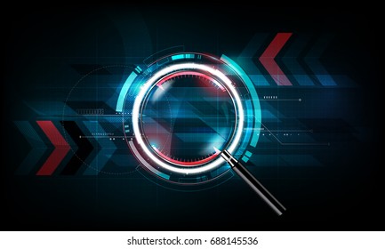 magnifying glass with scan search concept and futuristic electronic technology background, transparent vector illustration