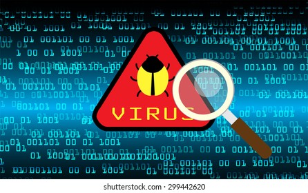 Magnifying Glass scanning and identifying a computer virus. Antivirus protection and computer security concept. PC. vector one zero. scan. technology digital website internet web