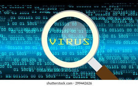 Magnifying Glass scanning and identifying a computer virus. Antivirus protection and computer security concept. PC. vector one zero. scan. technology digital website internet web