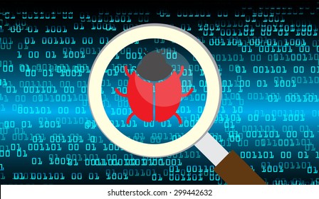 Magnifying Glass scanning and identifying a computer virus. Antivirus protection and computer security concept. PC. vector one zero. scan. technology digital website internet web