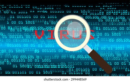 Magnifying Glass scanning and identifying a computer virus. Antivirus protection and computer security concept. PC. vector one zero. scan. technology digital website internet web