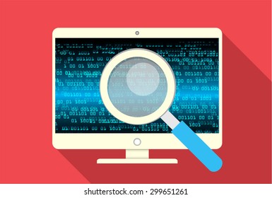 Magnifying Glass scanning and identifying a computer virus. Antivirus protection and computer security concept. PC. vector one zero. scan. technology digital website internet web