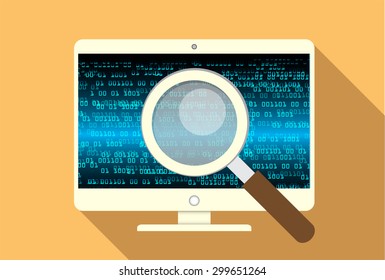 Magnifying Glass scanning and identifying a computer virus. Antivirus protection and computer security concept. PC. vector one zero. scan. technology digital website internet web