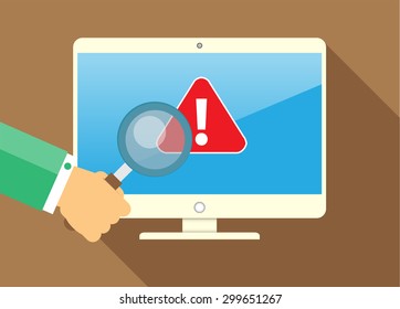 Magnifying Glass scanning and identifying a computer virus. Antivirus protection and computer security concept. PC. vector. scan. technology digital website internet web