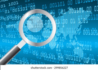 Magnifying Glass scanning and identifying a computer virus. Antivirus protection and computer security concept. PC. vector one zero. scan. technology digital website internet web .World map