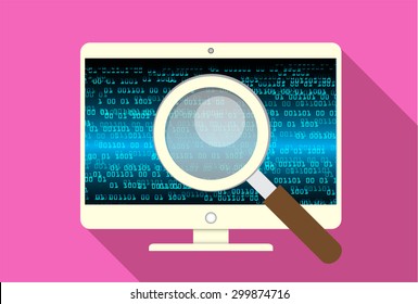 Magnifying Glass scanning and identifying a computer virus. Antivirus protection and computer security concept. PC. vector one zero. scan. technology digital website internet web