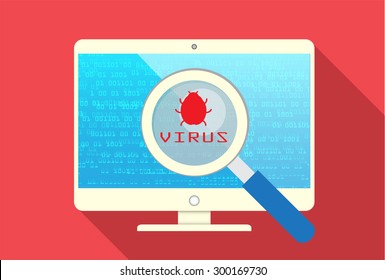 Magnifying Glass scanning and identifying a computer virus. Anti virus protection and computer security concept. PC. vector one zero. scan. technology digital website internet web