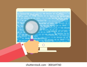 Magnifying Glass scanning and identifying a computer virus. Anti virus protection and computer security concept. PC. vector one zero. scan. technology digital website internet web