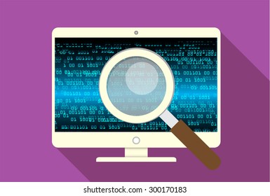Magnifying Glass scanning and identifying a computer virus. Anti virus protection and computer security concept. PC. vector one zero. scan. technology digital website internet web