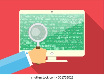 Magnifying Glass scanning and identifying a computer virus. Antivirus protection and computer security concept. PC. vector one zero. scan. technology digital website internet web. green screen