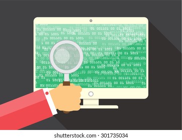 Magnifying Glass scanning and identifying a computer virus. Antivirus protection and computer security concept. PC. vector one zero. scan. technology digital website internet web. green screen