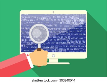 Magnifying Glass scanning and identifying a computer virus. Antivirus protection and computer security concept. PC. vector one zero. scan. technology digital website internet web