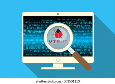 Magnifying Glass scanning and identifying a computer virus. Anti virus protection and computer security concept. PC. vector one zero. scan. technology digital website internet web